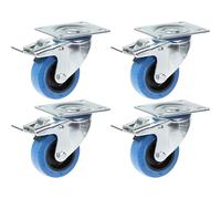 80mm 3" castor blue rubber swivel with brake strong 560kg capacity, set of 4