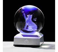 80mm 3D Crystal Glass Ball Engraved Cat and Butterfly Figurine Ornaments With LED Base, Themed Gifts for Cat Lovers Women Friends