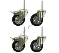 80mm rubber bolt hole swivel & braked castors, bolt fitting - set of 4