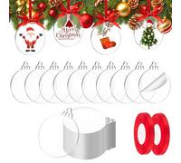 80pcs Acrylic Baubles Blanks for Crafting, 7.5cm Clear Flat Baubles Acrylic Christmas Discs with Hole, DIY Craft Ornaments with Red Ribbon for Christmas Decorations, Gifts and Tags