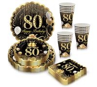 80pcs Black Gold 80th Birthday Decorations for Women Men,Scalloped Gold Edges 80th Birthday Plates Cups and Napkins Disposable 80 Party Tableware Set for Him Her 80th Birthday Gifts Table Decorations