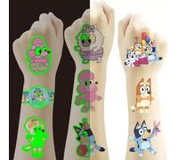 80pcs Blue Dog Temporary Tattoo for Kids,Kawaii Princess Birthday Party Supplies,Birthday Decorations Party Game Activities Reward Gifts (4 Sheets including 2 Sheets Luminous)