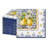 80Pcs Blue Tiles Lemons Paper Napkins - 2-Ply Decorative Disposable Guest Napkins for Summer Parties, Fruit Themed Gatherings, Wedding Bridal Shower Summer Party, Kitchen Table Decor, 6.5 x 6.5 Inch
