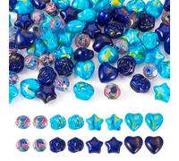 80Pcs Blue Tone 8 Styles Millefiori Glass Beads Round Star Rose Heart Lampwork Glass Loose Beads Spacer Jewelry Making DIY Bracelet Necklace Keychain Crafting 8~12x7~12x6.5~8mm