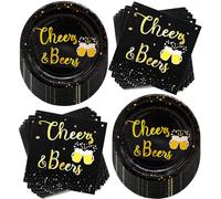 80Pcs Cheers Beers Birthday Party Supplies,Black and Gold Tablewares Set 7"Cheers Beers Plates and Beer Mugs Design Napkins Perfect for Graduation Wedding Anniversary Christmas Oktoberfest Party Decor