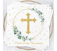 80Pcs Cross First Holy Communion Napkins Decorations Eucalyptus Green Cross God Bless Christening Napkins Communion Confirmation Serviettes Communion Party Decor Baby Shower Baptism Napkins 33x33cm