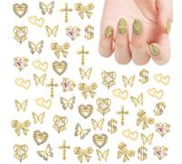 80pcs Gold Pink Nail Charms, Zinc Alloy Diamond Heart Butterfly Cross Bow Dollar Y2K Charms Gems Shiny 3D Easy to Use Fingernail Art Jewelry Accessories for Women