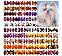 80pcs Halloween Small Dog Hir Bows, Dog Bows with Rubber Bands, Bulk Dog Tiny Bows, Handmade Halloween Elements Pet Puppy Yorkie Dog Hair Bowknot Grooming Accessories Supplies (A268+HL013)