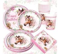 80PCS Horse Party Napkins and Plates Cups Horse Little Poney Birthday Decor for Western Cowboy Cowgirl Themed Birthday Party Baby Shower