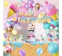 80pcs Ice Cream Birthday Party Decorations, Pastel Ice Cream Balloons Garland Arch Kit Tablecloth Candy Long Strip Balloon Cake Toppers Two Sweet Ice Cream Birthday Party Decorations
