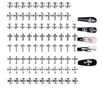 80Pcs Leeneen Silver Metal Cross Nail Charms for Nails Design,Y2K 3D Chrome Nails Art,Vintage Alloy Cross Heart Skull Acrylic Charm for Women, Halloween Nail Supplies (L1)