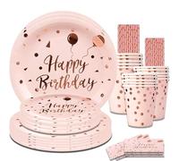 80pcs Party Tableware, Pink and Rosegold Happy Birthday Theme 20 Guest Pink and Rosegold Party Tableware Birthday Decoration Party Supplies Set Pink Rose Gold Party Paper Plates Cups Napkins Straws