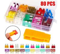 80pcs Standard 12V Blade Fuses with Puller Kit for Vehicle Electrical Use, Rated 3A to 40A for Cars, SUVs, and Boats