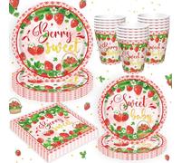 80PCS Strawberry Birthday Party Supply Strawberry Themed Decorations Berry First Birthday Party Supplies Berry Sweet Fruit Theme Tableware Set - Fruit Themed Plates, Sweet Napkins, Cups Serves 20