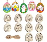 80PCS Unfinished Easter Ornament Wood Crafts, 10 Styles DIY Painting Blank Wooden Cutouts, Egg Shape with Bunny Chick Flower Happy Easter Design Bulk Crafts for Adults Kids with Twines