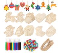 80pcs Wooden DIY Christmas Decorations, Unfinished Wooden Christmas Crafts, Hanging Tree Decorations With Snowman Deer Bell Snowflake, Xmas Gifts Set for Kids Crafting Incloud Colored Markers Ropes