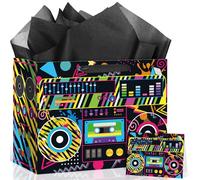 80's 90's Birthday Gift Bag Retro Hip Hop Birthday Party Decorations Rock and Roll Hippie Gift Wrapping Paper Bag with Greeting Card for 1980s 1990s Hip Hop Party Retro Neon Party Favor Supplies