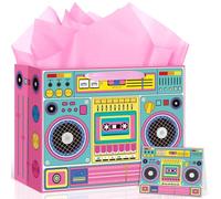 80's 90's Birthday Gift Bag Retro Hip Hop Boombox Birthday Party Decorations Rock and Roll Hippie Gift Wrapping Paper Bag with Greeting Card for 1980s 1990s Hip Hop Retro Radio Party Favor Supplies
