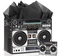 80's 90's Birthday Gift Bag Retro Hip Hop Boombox Birthday Party Decorations Rock and Roll Hippie Gift Wrapping Paper Bag with Greeting Card for 1980s 1990s Hip Hop Retro Radio Party Favor Supplies