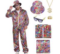 80s 90s Costume Men Women, Retro Fancy Dress Disco Adults Outfit Shell Suit Rave Tracksuit Jacket Glassess Hat Carnival Halloween Party Cosplay (Red-80s, XL)