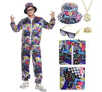 80s 90s Costume Men Women, Retro Fancy Dress Disco Adults Outfit Shell Suit Rave Tracksuit Jacket Glassess Hat Carnival Halloween Party Cosplay (Black-90s, XL)
