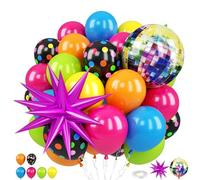 80s 90s Disco Balloons,Hot Pink Blue Green Orange Yellow Neon Dot Balloons with Star and Disco Ball Foil Balloon for 80s 90s Rock Theme Diso Party Decorations