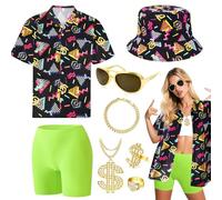 80s 90s Fancy Dress awaiian Shirt Costume Men Women Outfit Women's Print Shirt Set Bucket Hat Gold Bling Sunglasses Retro Party Outfit with Printed for Party Festival Streetwear Look