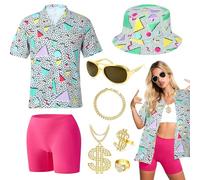 80s 90s Fancy Dress awaiian Shirt Costume Men Women Outfit Women's Print Shirt Set Bucket Hat Gold Bling Sunglasses Retro Party Outfit with Printed for Party Festival Streetwear Look