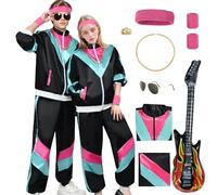 80s 90s Fancy Dress Costume Men Women Adults, Shell Suit Rave Tracksuit Outfit Retro Jacket Chain Decor Guitar Hip Hop Rapper Disco Neon Accessories Carnival Halloween Party (Black Rose, 2XL)