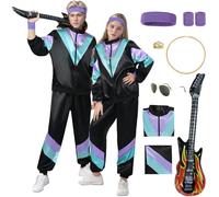 80s 90s Fancy Dress Costume Men Women Adults, Shell Suit Rave Tracksuit Outfit Retro Jacket Chain Decor Guitar Hip Hop Rapper Disco Neon Accessories Carnival Halloween Party (Black Violet, S)