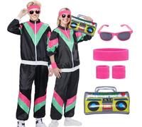 80s 90s Fancy Dress Costume Men Women Adults, Shell Suit Rave Tracksuit Outfit Retro Jacket Hip Hop Rapper Disco Neon Accessories Carnival Halloween Party (Black, 2XL)