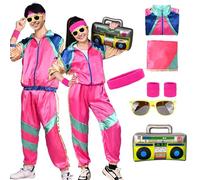 80s 90s Fancy Dress Costume Men Women Adults, Shell Suit Rave Tracksuit Retro Outfit Jacket Hip Hop Rapper Disco Accessories Carnival Halloween Party (Rose, L)