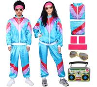 80s 90s Fancy Dress Costume Men Women Adults, Shell Suit Rave Tracksuit Retro Outfit Jacket Hip Hop Rapper Disco Accessories Carnival Halloween Party (Color 1, L)