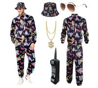 80s 90s Fancy Dress Men with Accessories, Retro 80s 90s Hip Hop Outfit for Adults, 80s Fancy Dress Set with 1 Sportswear Shirt Pant Hat Necklace Balloon Glasses, for 80s Party Carnival Rave (M)