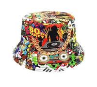 80s 90s Fishing Hat Reversible Hat Unisex - Retro Cassette Graffiti Sun Hat - Vintage Bucket Hat for Carnival Festival Theme Party & Bath Taste Party - Foldable Summer Hat