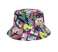 80s 90s Fishing Hat Reversible Hat Unisex - Retro Cassette Graffiti Sun Hat - Vintage Bucket Hat for Carnival Festival Theme Party & Bath Taste Party - Foldable Summer Hat