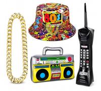 80s 90s Hip Hop Costume Accessories kit for Retro Party Halloween Carnival | Plastic Gold Curb Chain, Graffiti Bucket Hat, Inflatable Boombox & Brick Mobile Phone Prop for 80s rapper fancy dress Cosplay