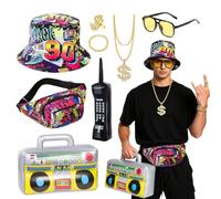 80s 90s Hip Hop Costume Set, 8Pcs Rapper Fancy Dress Accessories Kit with Graffiti Bucket Hat Waist Bag Necklace Ring Bracelet Inflatable Speaker Mobile Phone Glasses for Retro Theme Party Carnival