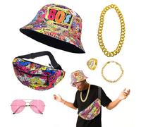 80s 90s Hip Hop Costume Set, Fancy Dress Accessories with Reversible Graffiti Fisherman's Hat, Crossbody Bag, Fake Gold Necklace Bracelet, Dollar Sign Ring, Sunglasses, for Hippie & Retro Rapper