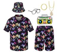 80S 90S Hip Hop Outfit for Men 7Pcs 70er Disco Outfit Rapper Costumes Bucket Hat Shirt Shorts Bucket Hat Glasses Necklace Bracelet Inflatable Radio Cosplay Fancy Dress for Disco Party (Adult, XL)