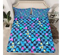 80s 90s Memphis Bed Sheets Set Navy Blue Geometric Lattice Fitted Sheet Vintage Fashion Bedding Set for Boys Girls Memphis Geometric Retro Fashion Bed Cover Single Size With 1 Pillow Case