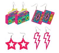 80s 90s Neon Earrings Set for Women 4 Pairs Retro Festival Accessories Cassette Boombox Star Lightning Fashion Accessories 80s Accessories for Women 90s Accessories Music Party Halloween Outfit