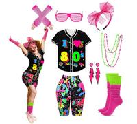 80s 90s Outfit for Women 80s Accessories Set Baseball Jersey Shirt neon Shorts Slouch Socks Headband, Baseball-80s-print, XXL