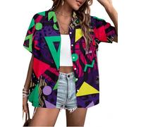 80s 90s Outfits for Women Retro 80's Disco Party Shirt Button Down Short Sleeve Tshirt 90's Blouse Hawaiian Tops, Purple Green, L