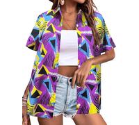 80s 90s Outfits for Women Retro Theme Party Button Up T-Shirt Neon Short Sleeve Blouse Tops, Purple, M