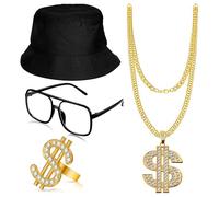80s 90s Outfits Hip Hop Costume Rapper Accessories Sunglass Gold Chain Rings For Halloween Cosplay Party Decors Hip Hop Costume Kit
