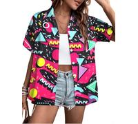 80s 90s Outfits Women 80s Neon Shirt Retro Theme Party Disco Shirt Hawaiian Button Down Short Sleeve Blouse Tops, Black, L