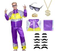 80s 90s Shell Suit Costume Men Women Fashion Retro Tracksuit with Glasses 12 Pcs Fake Moustache for 80s Party Halloween Carnival (XL)