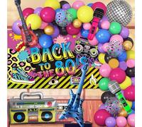 80s 90s Theme Party Decorations, Disco Rock Theme Ball Balloon Garland Arch Kit with Rainbow Balloons Boombox Bass Guitar Microphone Foil Balloons for 80s 90s Theme Birthday Anniversary Party Supplies