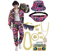 80s 90s Tracksuit Outfit, Men's Costume Jogging Suit Trousers Set, Inflatable Ghetto Blaster Bum Bag, Sunglasses, Hat, Necklace, Bracelet Ring, Hip Hop Sportswear, Carnival Theme Party